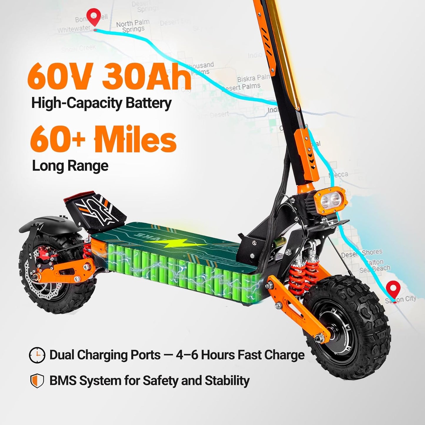 Electric Scooter for Adults – 5600W Dual Motors, 50MPH, 60V 30Ah Battery, 60 Miles Range, 11" All-Terrain Tires, Foldable with Detachable Seat (UL 2272 Tested)