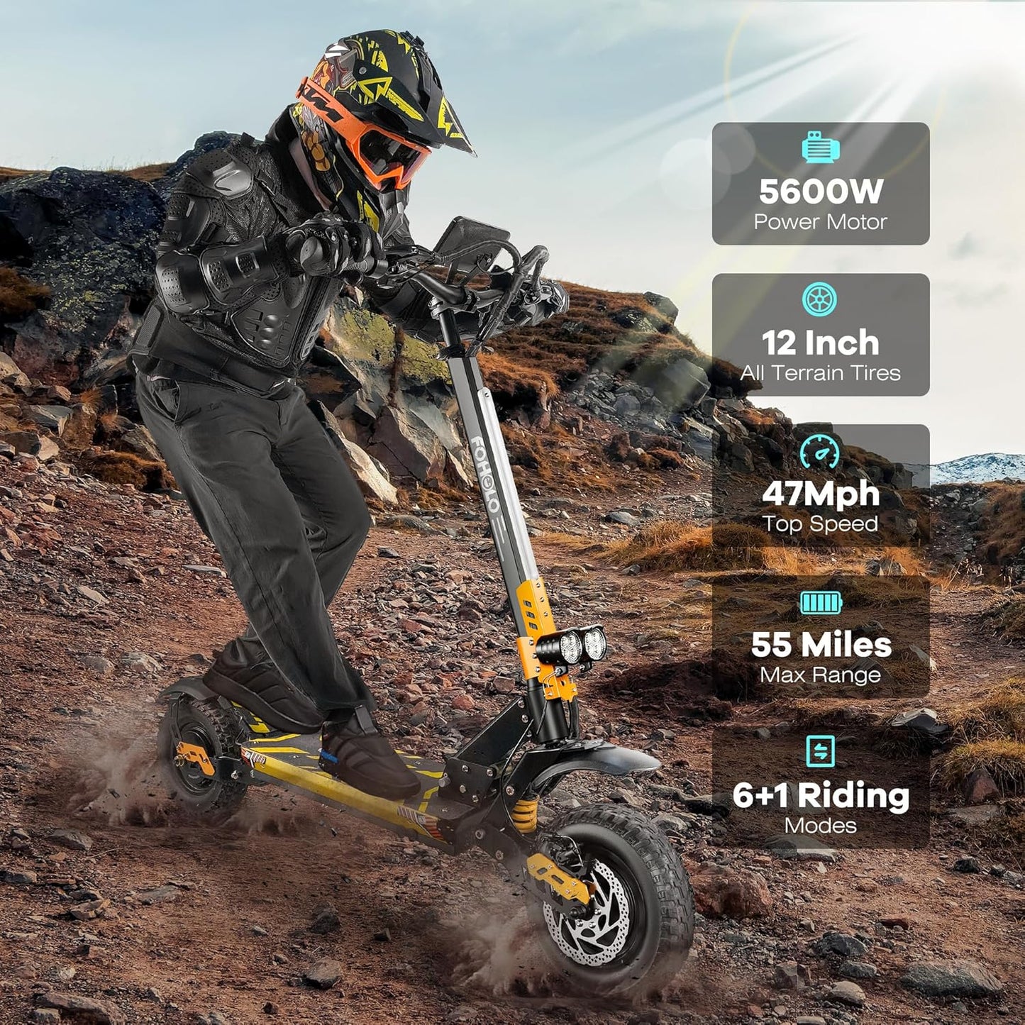 60V Electric Scooter Adults – 5600W Dual Motors, 47MPH, 55 Miles Range, 12" All-Terrain Tires, Foldable with Seat, Off-Road & Road Ready