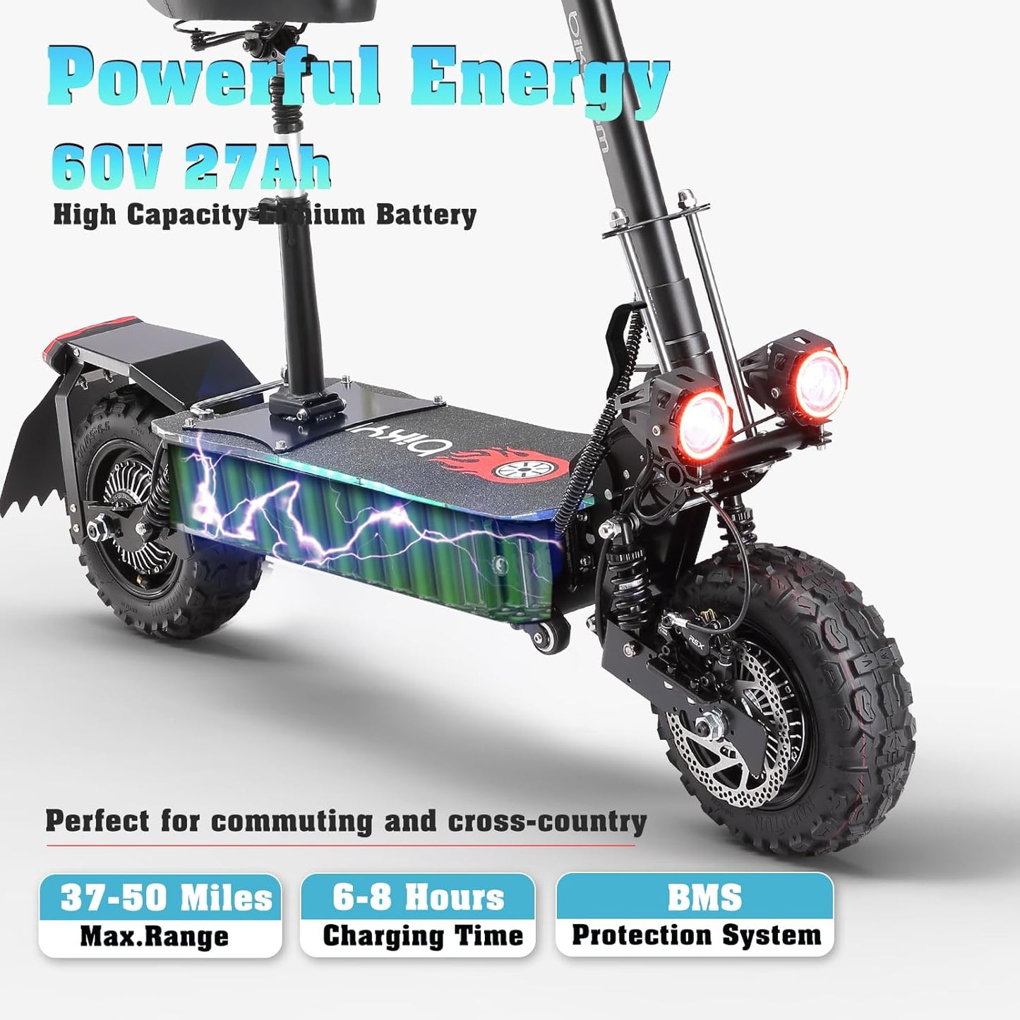 Electric Scooter for Adults – 5600W Dual Motors, 50MPH, 50 Miles Range, 60V 27Ah Battery, Off-Road Tires, Seat, 490lbs Max Load