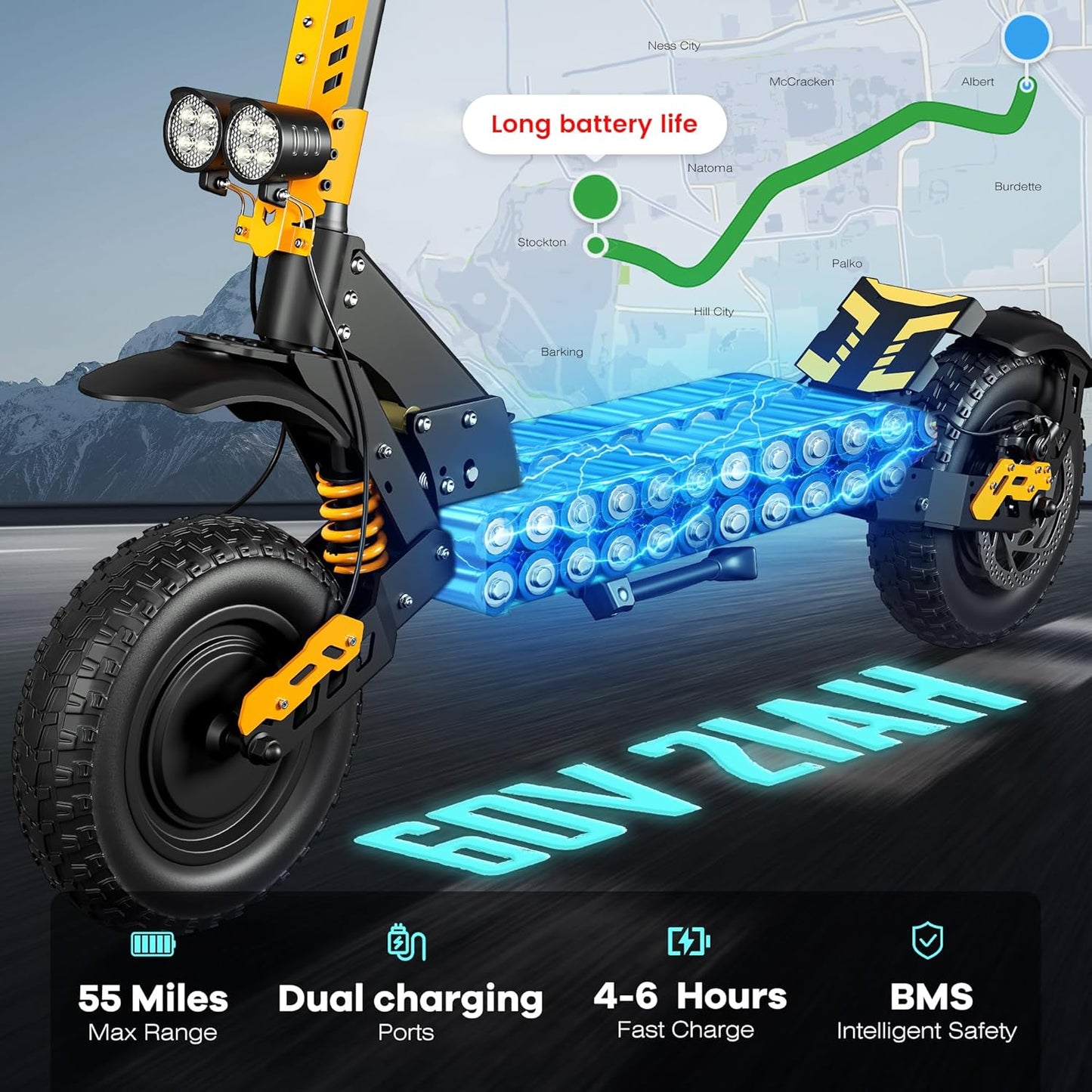 60V Electric Scooter Adults – 5600W Dual Motors, 47MPH, 55 Miles Range, 12" All-Terrain Tires, Foldable with Seat, Off-Road & Road Ready