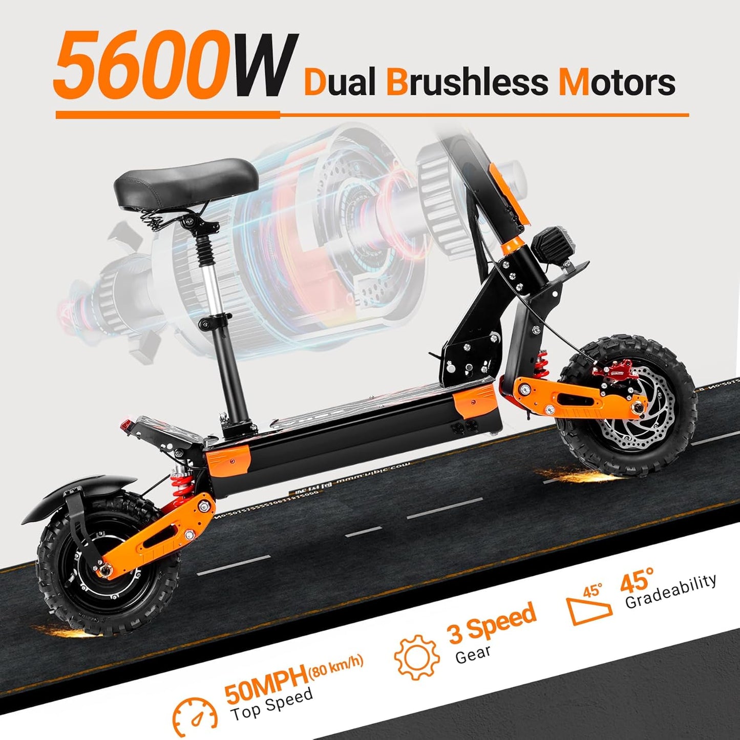 Electric Scooter for Adults – 5600W Dual Motors, 50MPH, 60V 30Ah Battery, 60 Miles Range, 11" All-Terrain Tires, Foldable with Detachable Seat (UL 2272 Tested)