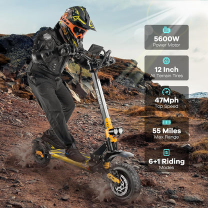 60V Electric Scooter Adults – 5600W Dual Motors, 47MPH, 55 Miles Range, 12" All-Terrain Tires, Foldable with Seat, Off-Road & Road Ready
